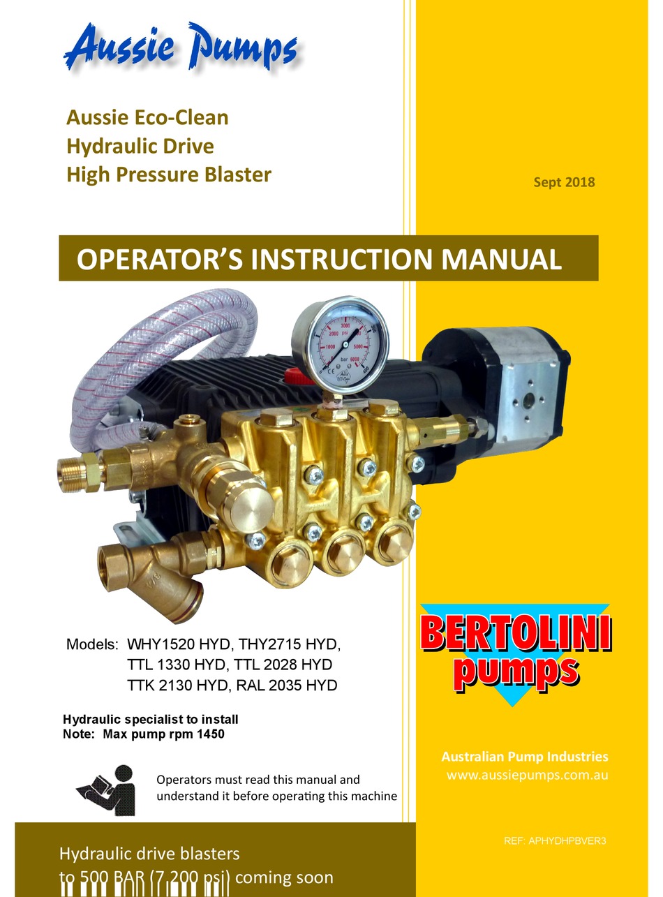 AUSSIE PUMPS ECO-CLEAN WHY1520 HYD WATER PUMP OPERATOR'S INSTRUCTION MANUAL