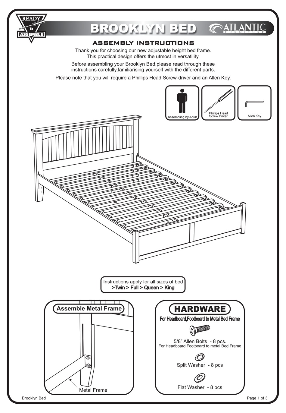 Atlantic Furniture Brooklyn Bed Indoor, King Bed Frame Assembly Instructions