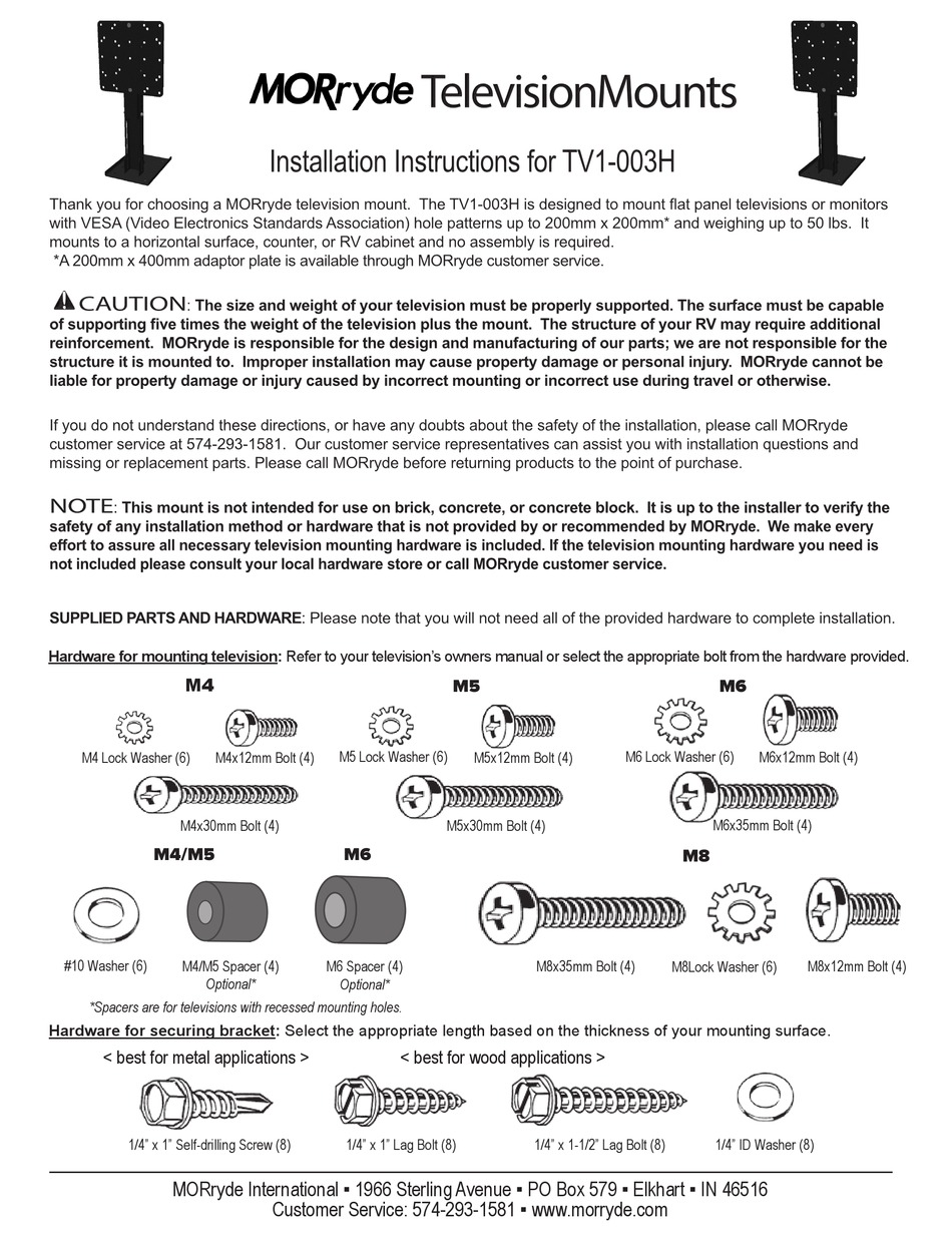 MORRYDE TV1003H TV MOUNT INSTALLATION INSTRUCTIONS ManualsLib