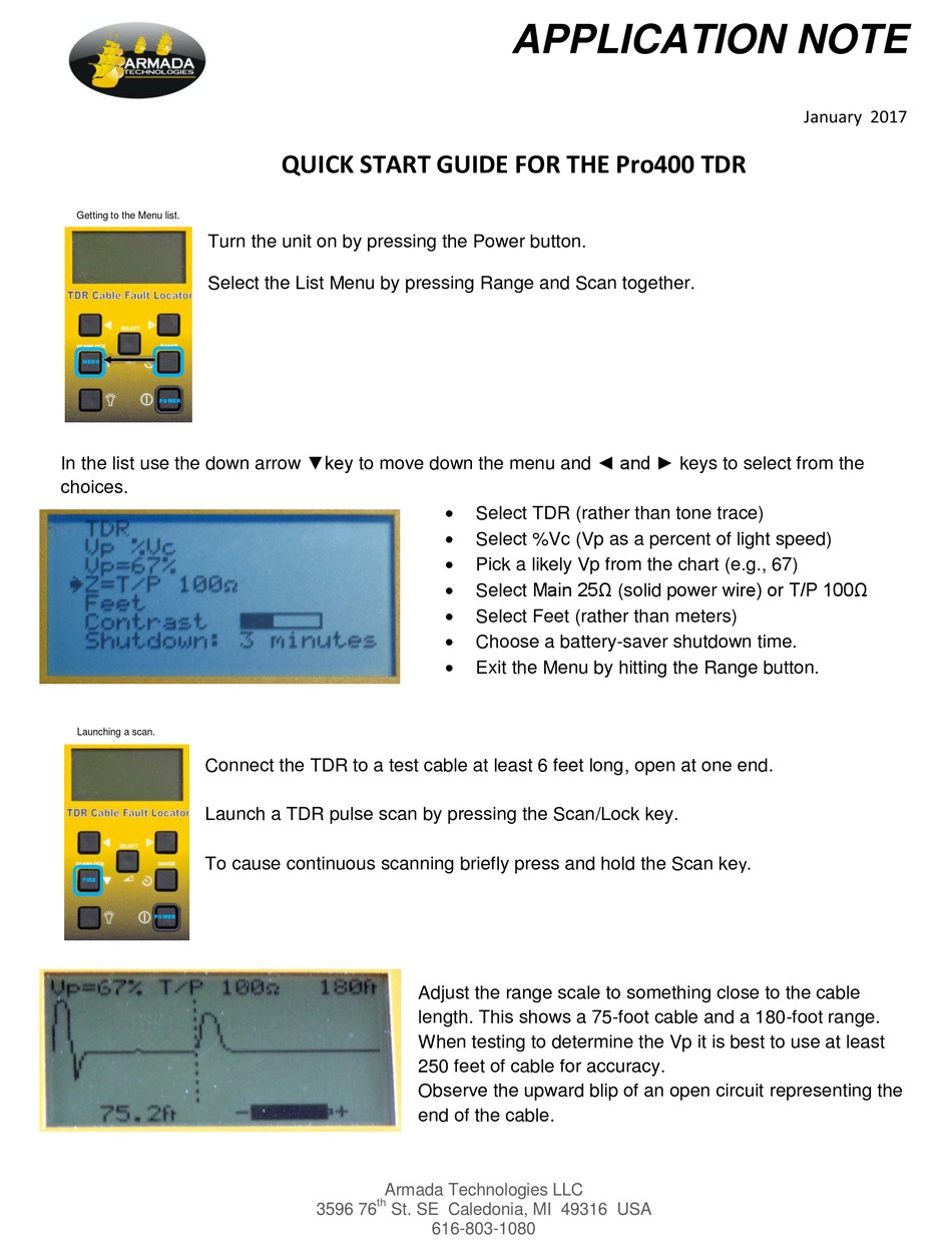 ARMADA TECHNOLOGIES PRO400 TDR QUICK START MANUAL Pdf Download