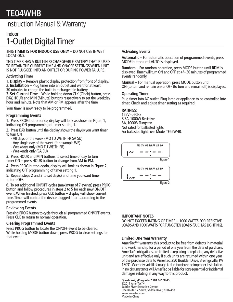 AMERTAC TE04WHB TIMER INSTRUCTION MANUAL WARRANTY ManualsLib