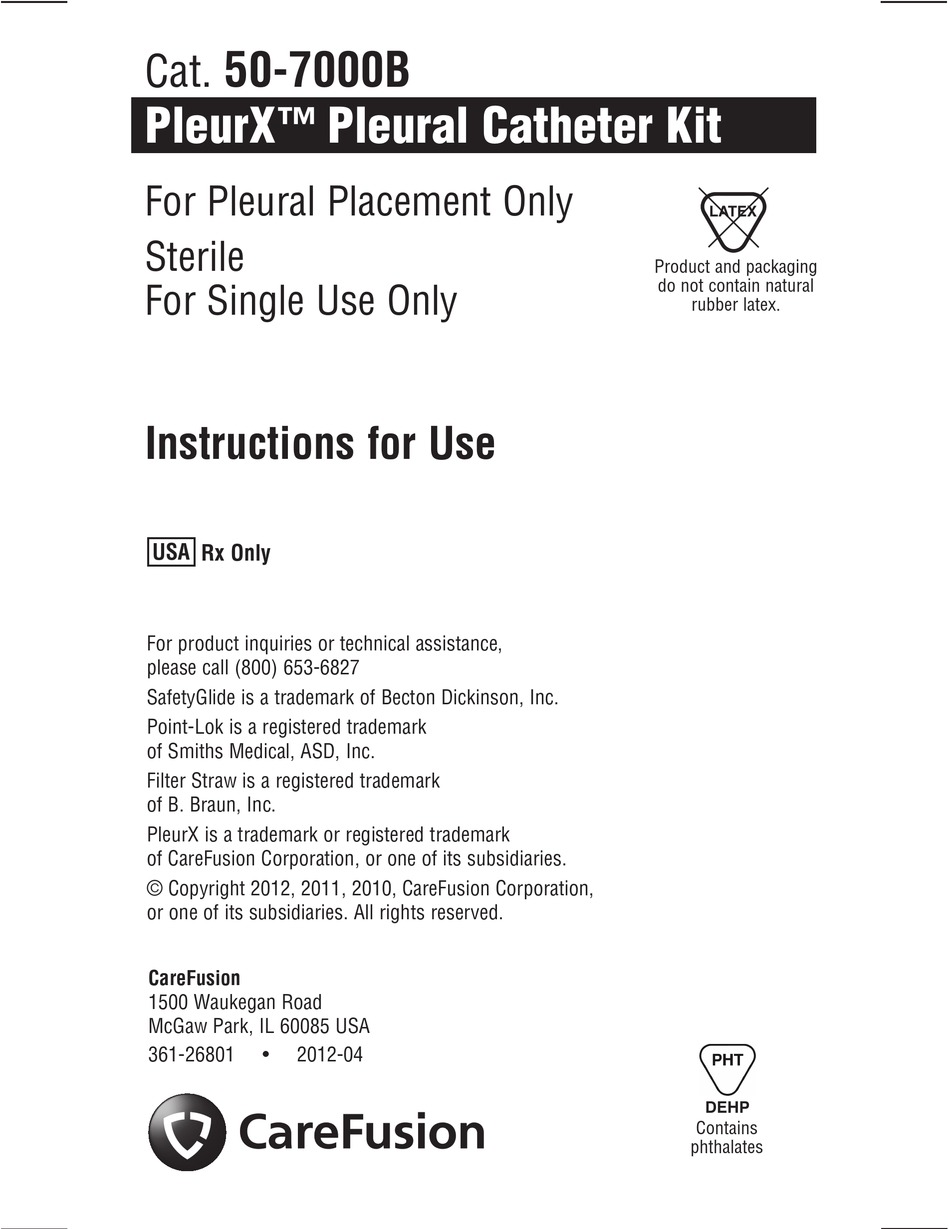 CareFusion PleurX Pleural Catheter Mini Kit, 50-7050 Manual, 55% OFF