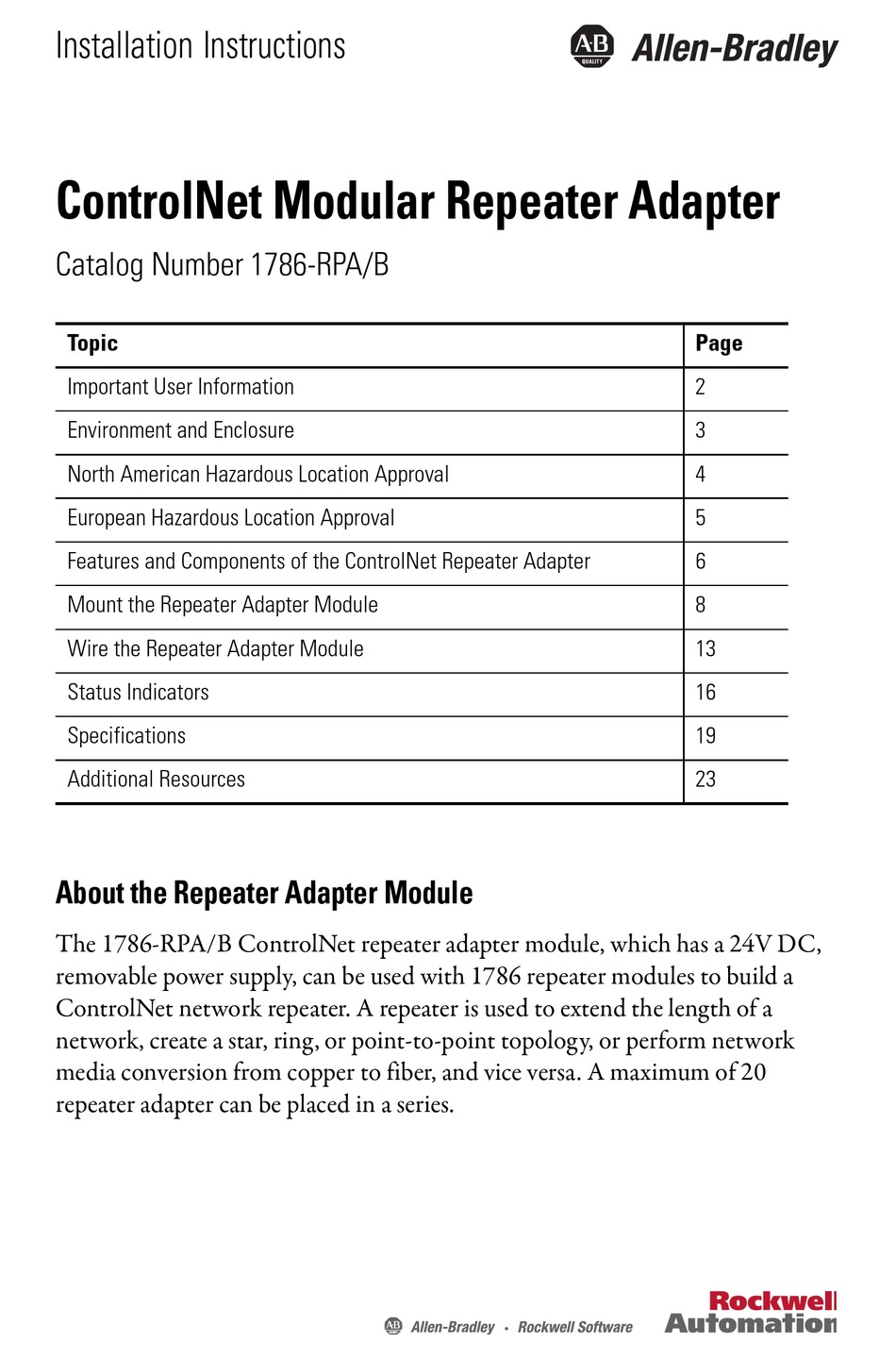 ALLEN-BRADLEY CONTROLNET 1786-RPA/B ADAPTER INSTALLATION INSTRUCTIONS ...