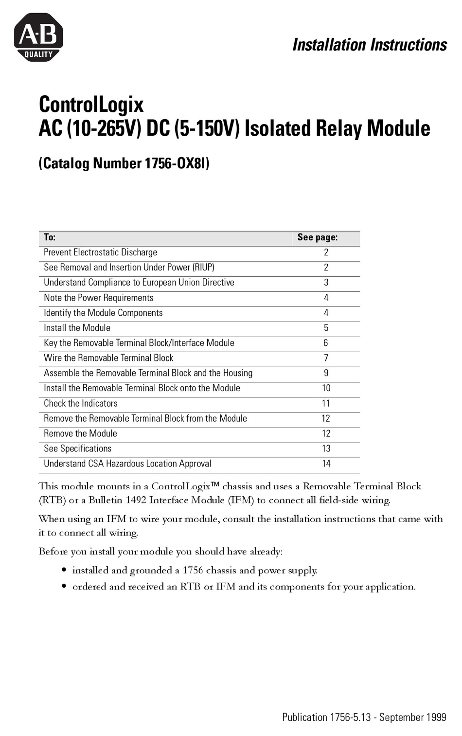 Allen Bradley Controllogix Ox I Installation Instructions Manual Pdf Download Manualib