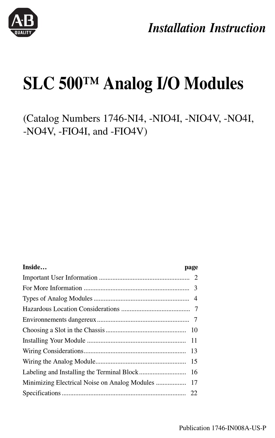 Allen Bradley Slc 500 1746 Ni4 Installation Instruction Pdf Download Manualslib