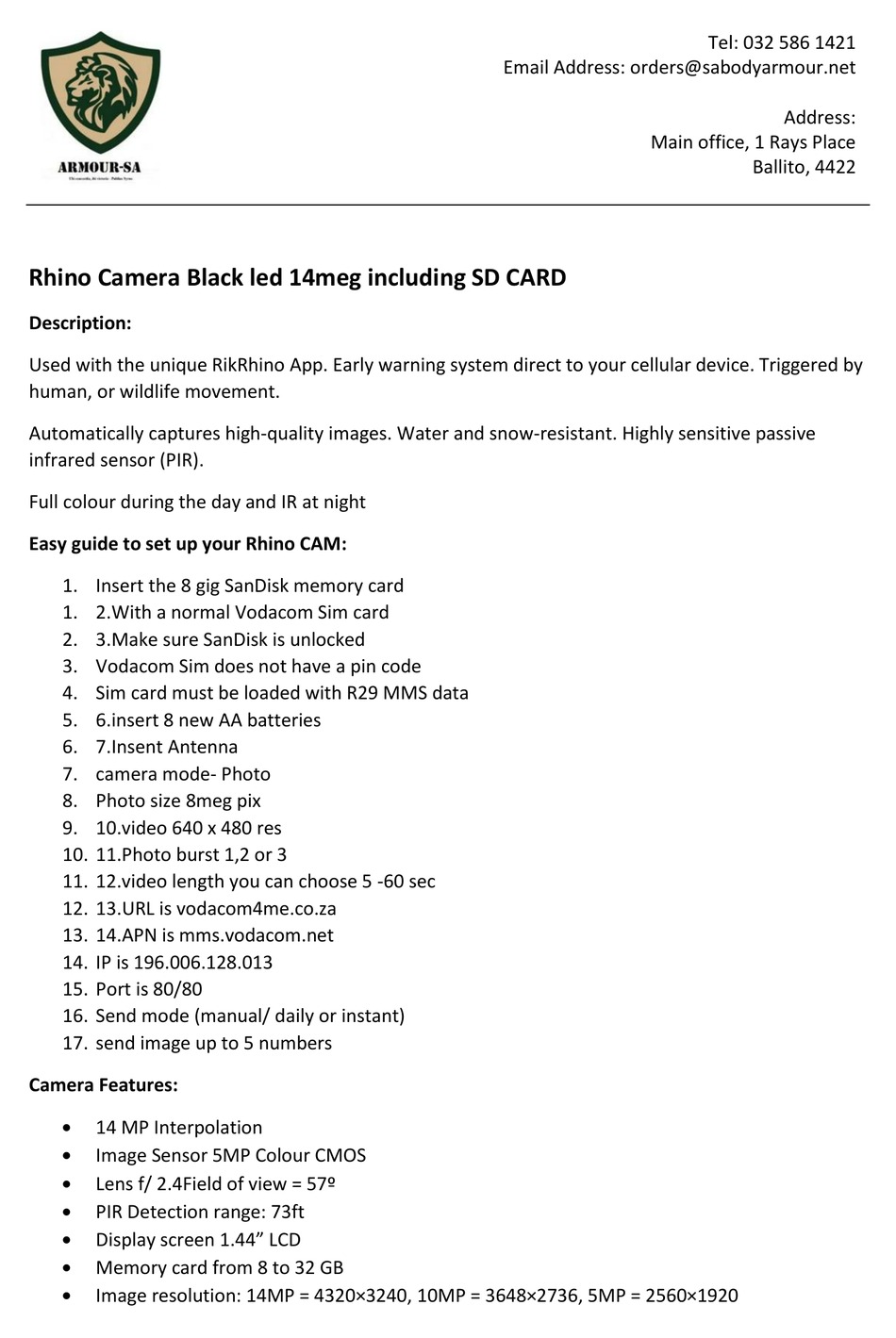 ARMOURSA RHINO CAMERA BLACK LED 14MEG THERMOGRAPHIC CAMERA EASY MANUAL