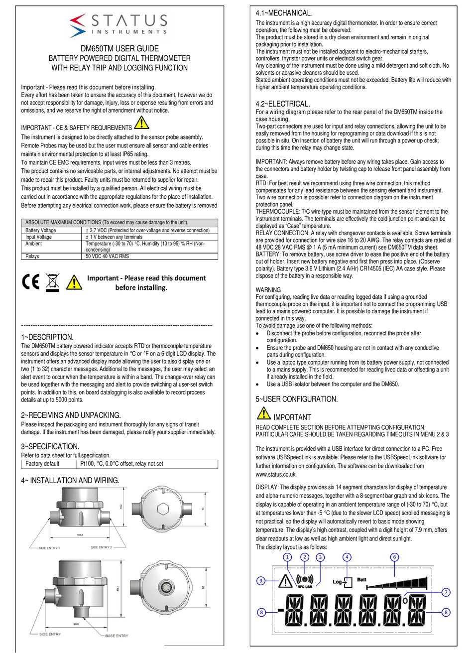 STATUS INSTRUMENTS DM650TM THERMOMETER USER MANUAL | ManualsLib