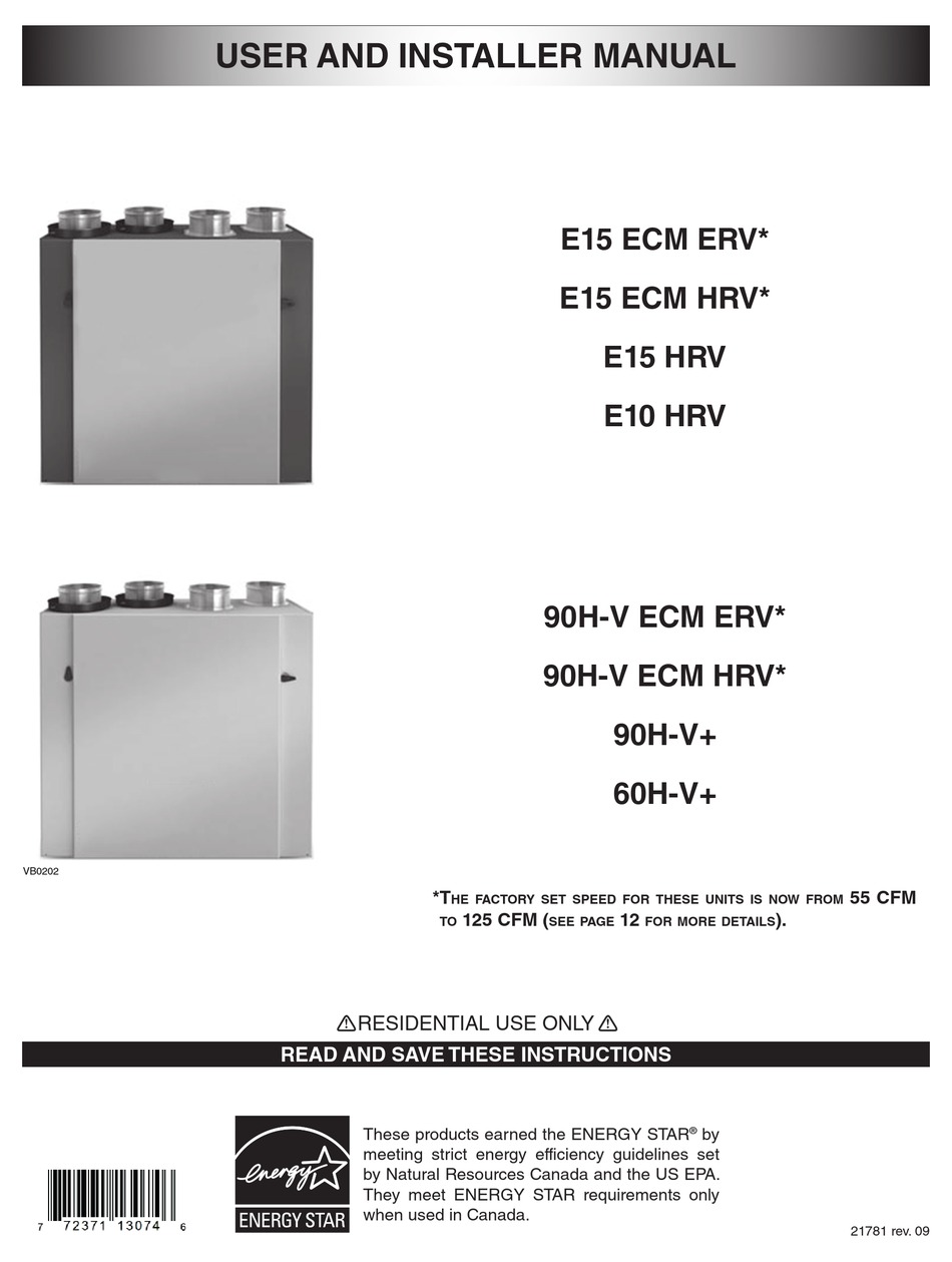 VENMAR E15 ECM HRV AIR CONDITIONER USER'S AND INSTALLER'S MANUAL