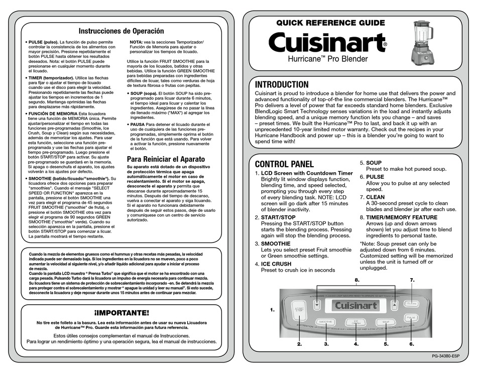 CUISINART HURRICANE PRO CBT2000 BLENDER QUICK REFERENCE MANUAL