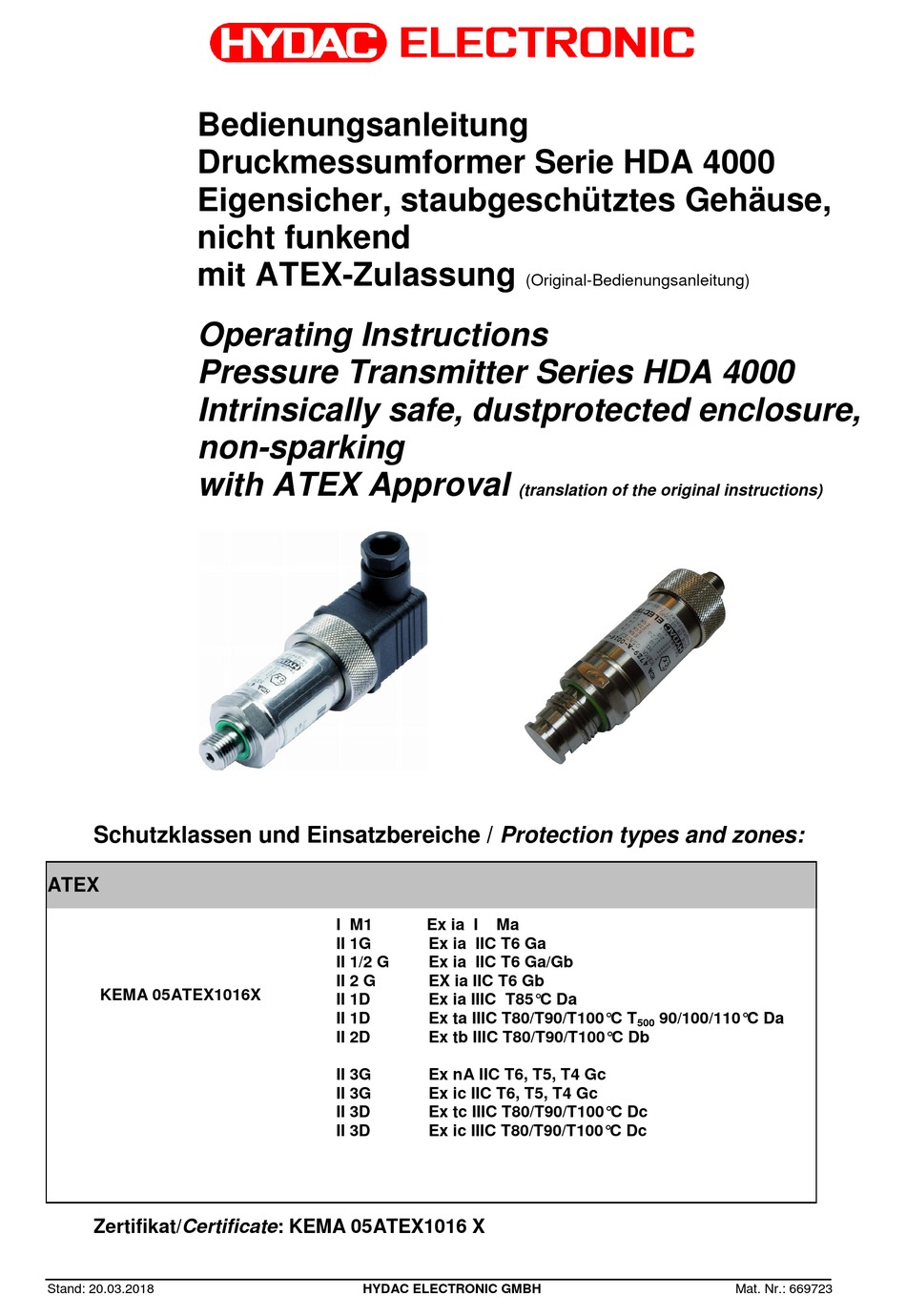 HYDAC ELECTRONIC HDA 4100 TRANSMITTER OPERATING INSTRUCTIONS MANUAL ManualsLib