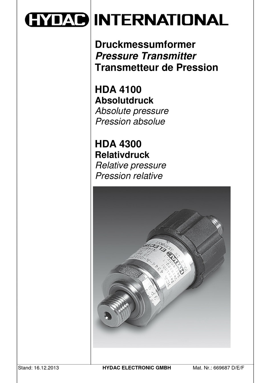 HYDAC ELECTRONIC HDA 4144 TRANSMITTER MANUAL ManualsLib