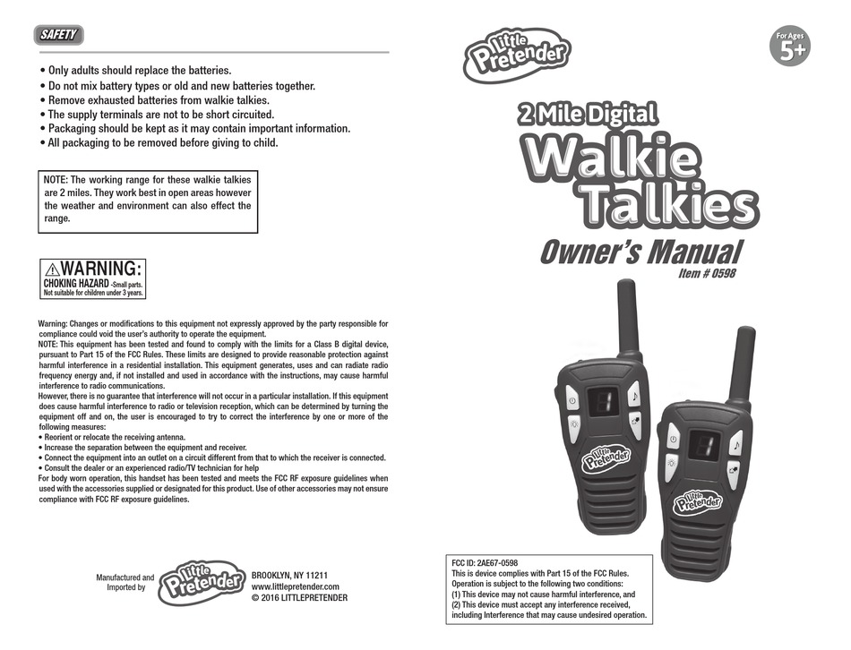 LITTLE PRETENDER 0598 TWO-WAY RADIO OWNER'S MANUAL
