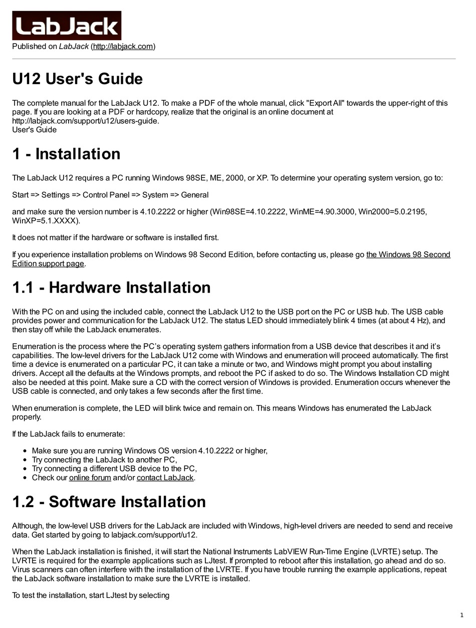 LABJACK U12 USER MANUAL Pdf Download ManualsLib