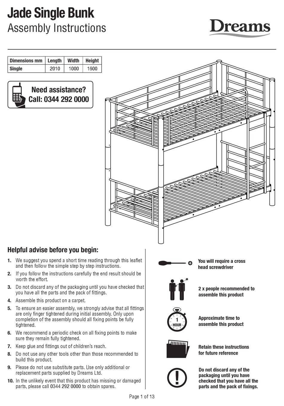 DREAMS JADE SINGLE BUNK INDOOR FURNISHING ASSEMBLY INSTRUCTIONS MANUAL