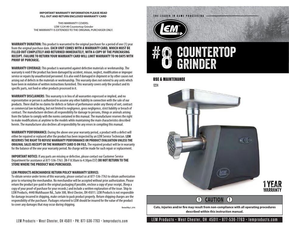 LEM 1224 MEAT GRINDER USE & MAINTENANCE ManualsLib
