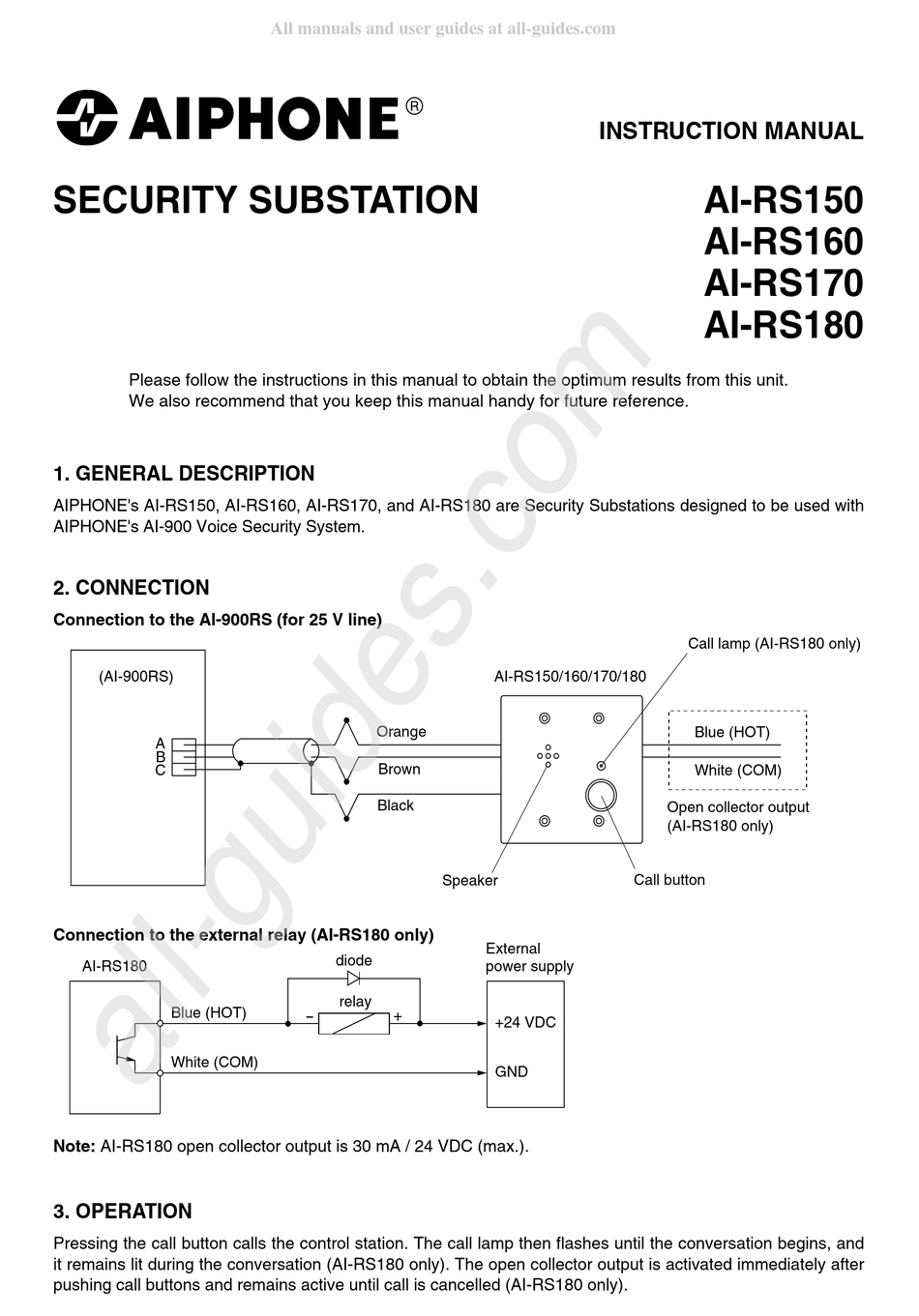 AIPHONE AIRS150 SECURITY SYSTEM INSTRUCTION MANUAL ManualsLib