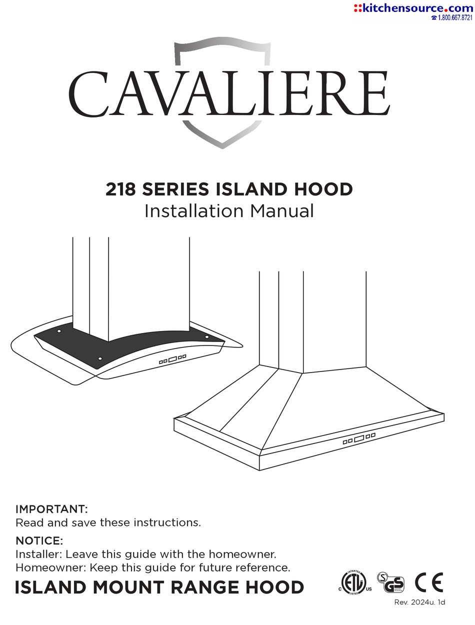 CAVALIERE 218 SERIES VENTILATION HOOD INSTALLATION MANUAL ManualsLib