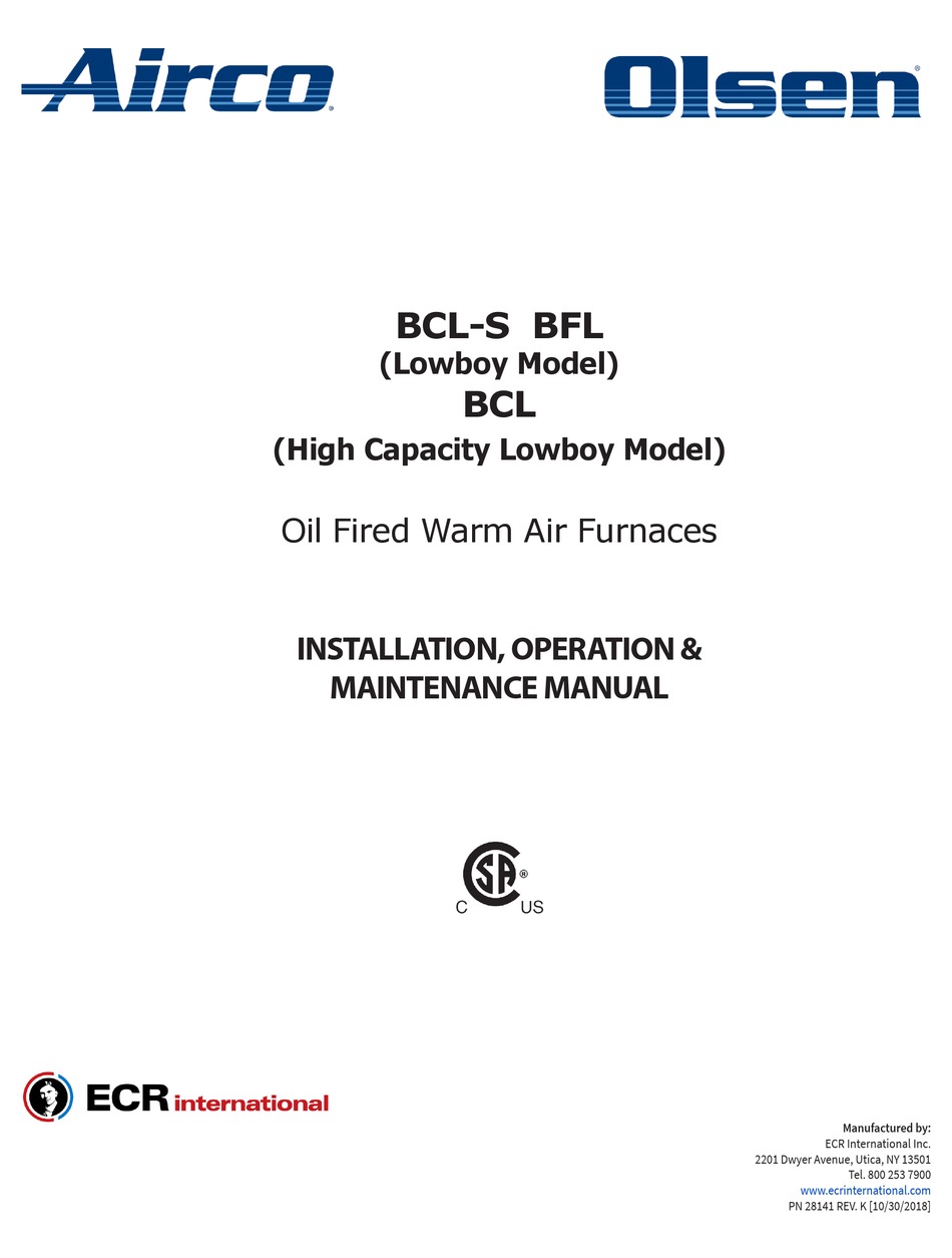 AIRCO BCLS FURNACE INSTALLATION, OPERATION & MAINTENANCE MANUAL