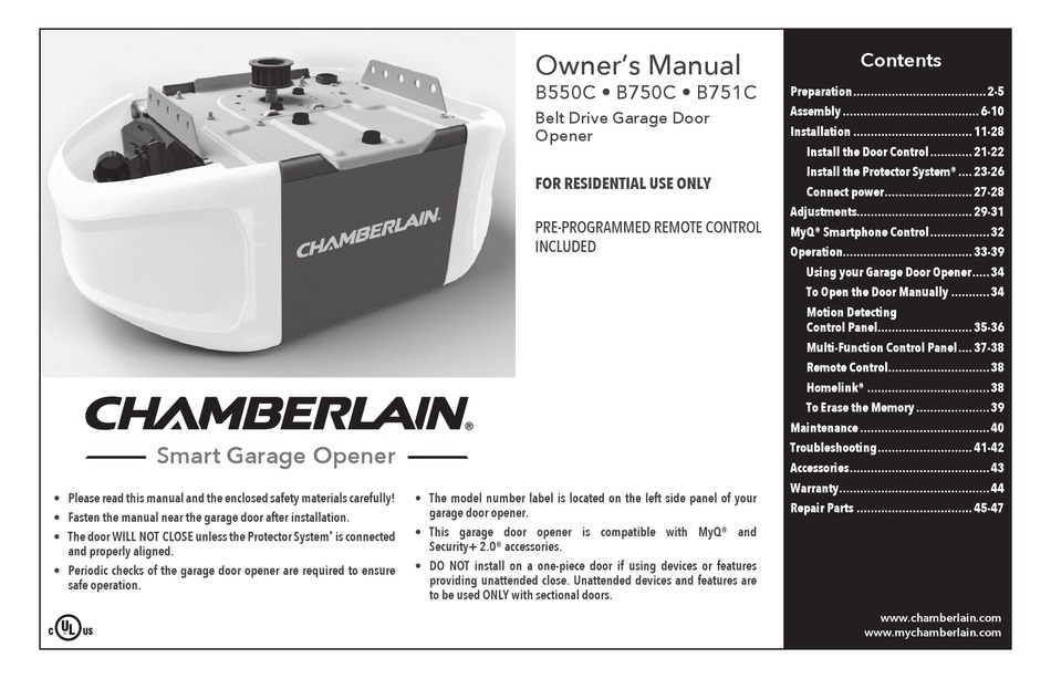 CHAMBERLAIN B550C OWNER'S MANUAL Pdf Download | ManualsLib