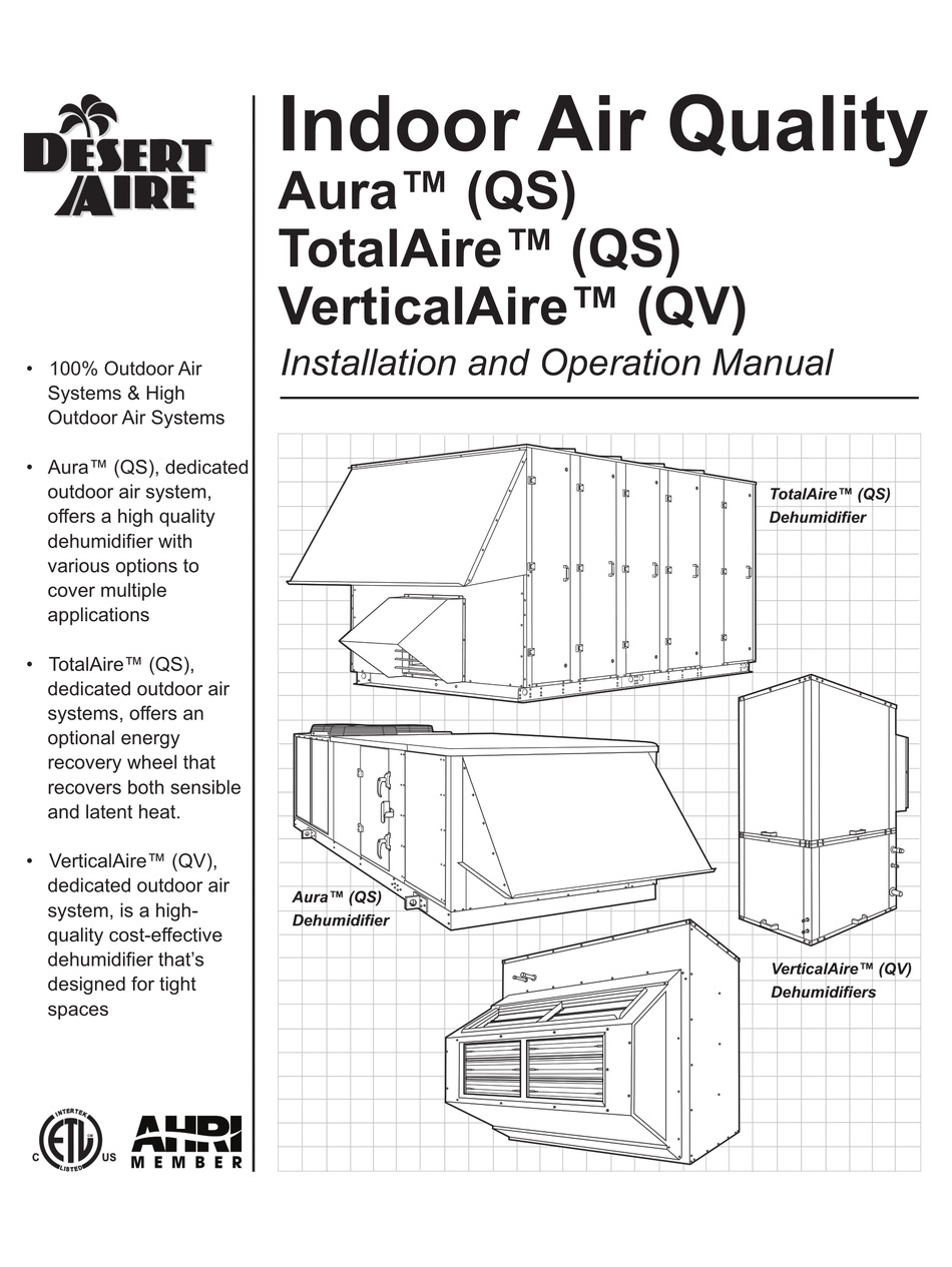 DESERT AIRE AURA QS DEHUMIDIFIER INSTALLATION AND OPERATION MANUAL