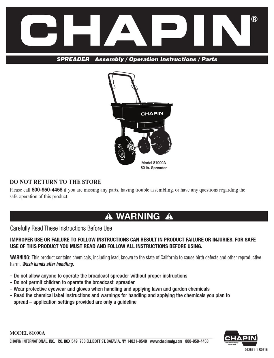 CHAPIN 81000A SPREADER ASSEMBLY / OPERATION INSTRUCTIONS / PARTS