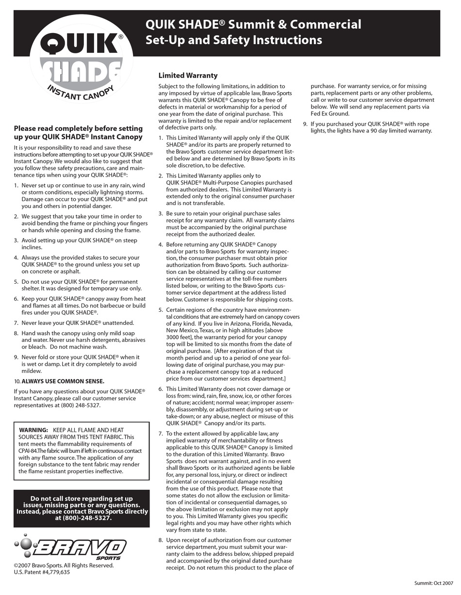 BRAVO SPORTS QUICK SHADE COMMERCIAL TENT SETUP AND SAFETY INSTRUCTIONS