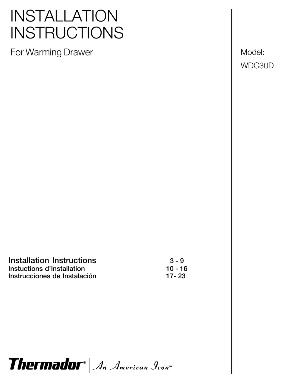 THERMADOR WDC30D WARMING DRAWER INSTALLATION INSTRUCTIONS MANUAL