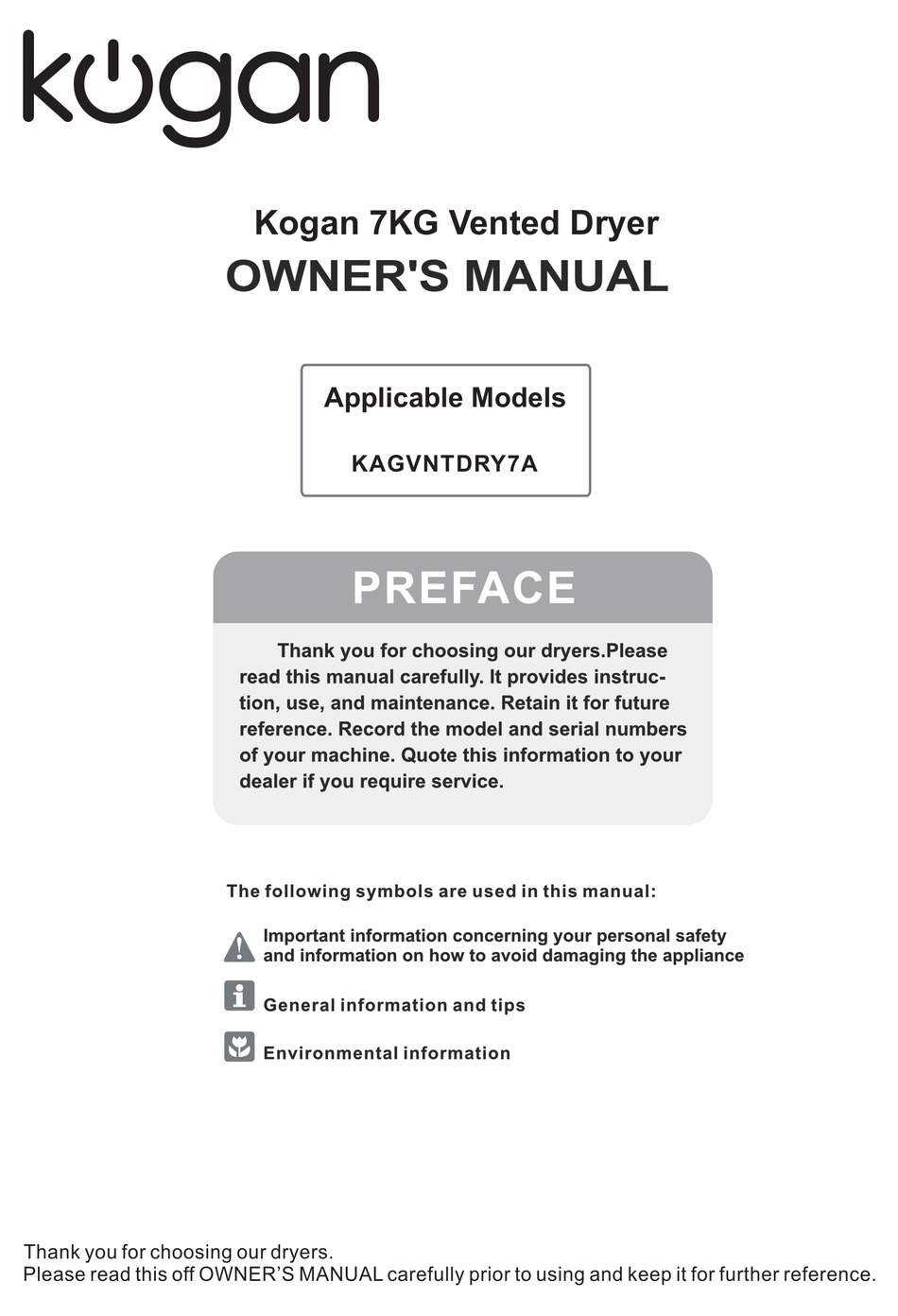 KOGAN KAGVNTDRY7A DRYER OWNER'S MANUAL ManualsLib