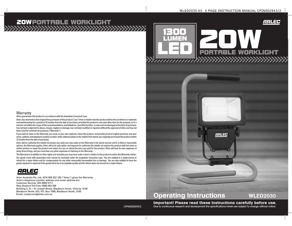ARLEC WLED2030 WORK LIGHT OPERATING INSTRUCTIONS ManualsLib