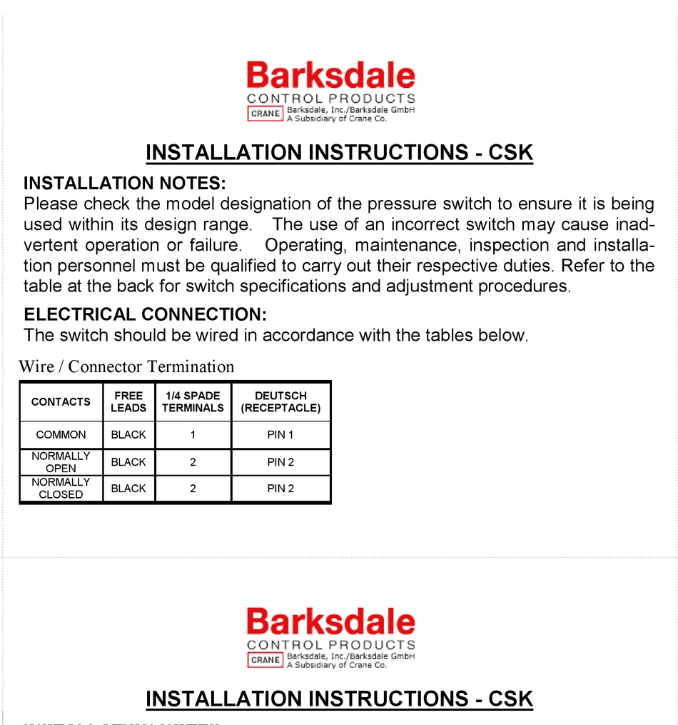 BARKSDALE CSK SWITCH INSTALLATION INSTRUCTIONS MANUAL ManualsLib