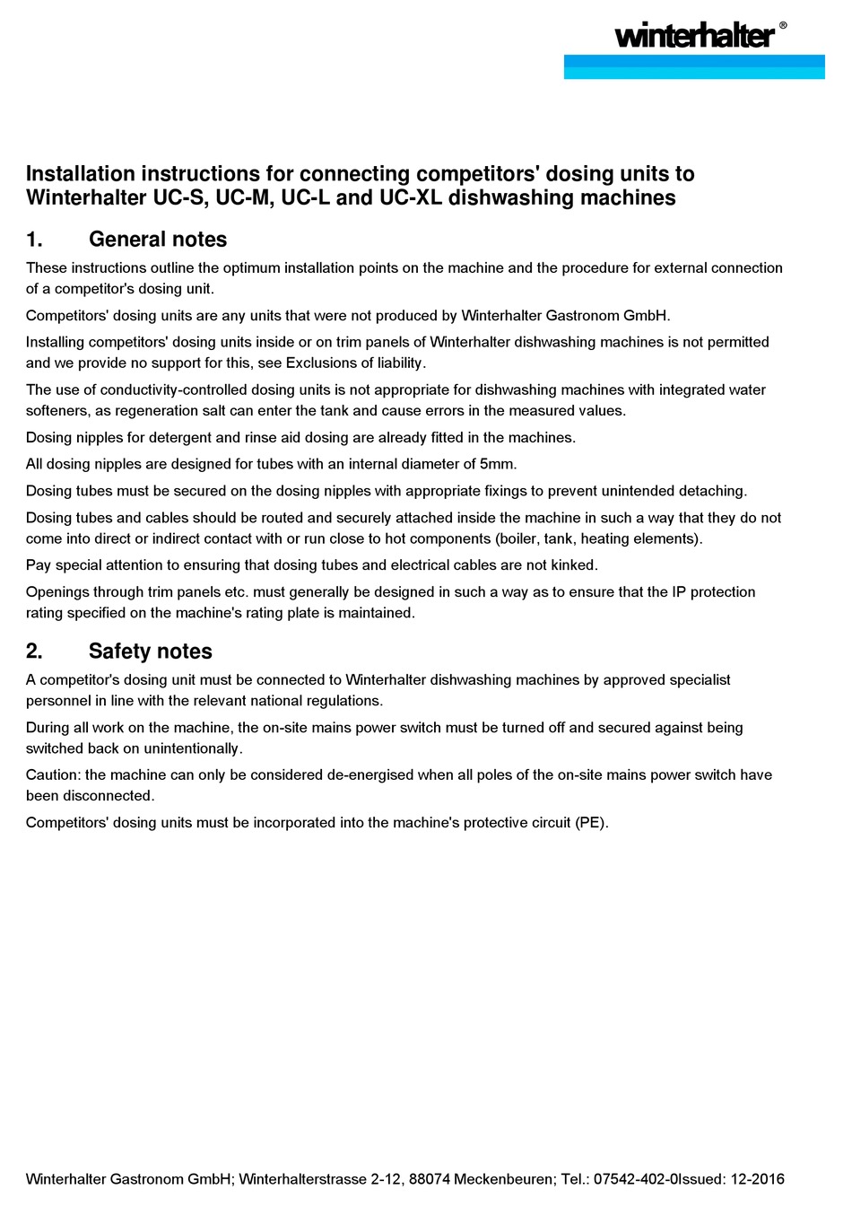 WINTERHALTER UCS DISHWASHER INSTALLATION INSTRUCTIONS MANUAL ManualsLib