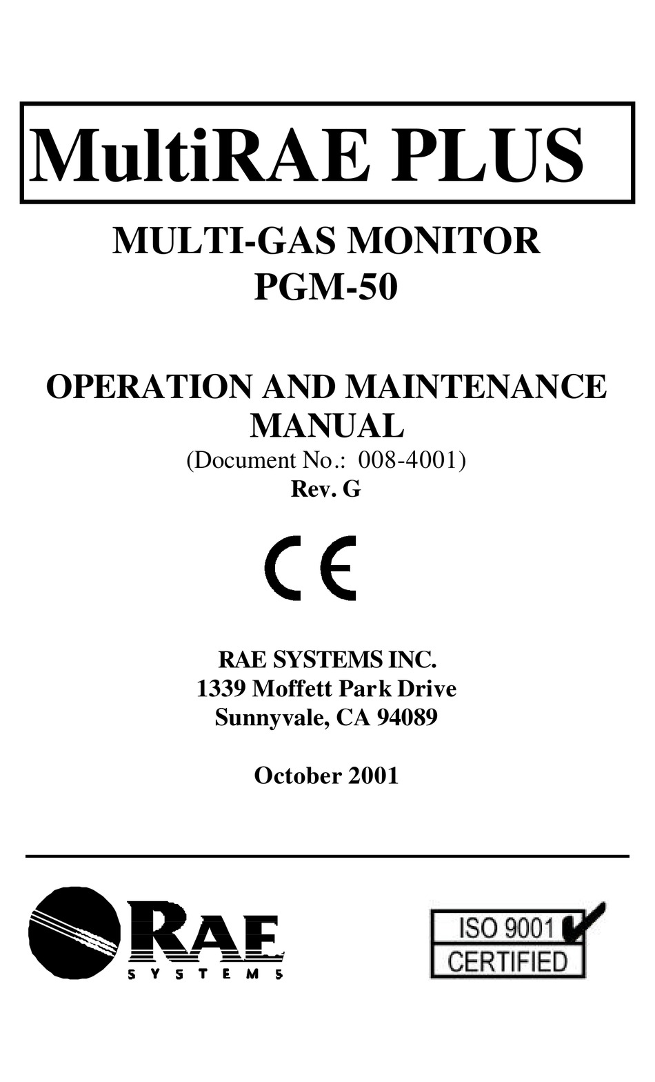 RAE MULTIRAE PLUS PGM50 MONITOR OPERATION AND MAINTENANCE MANUAL