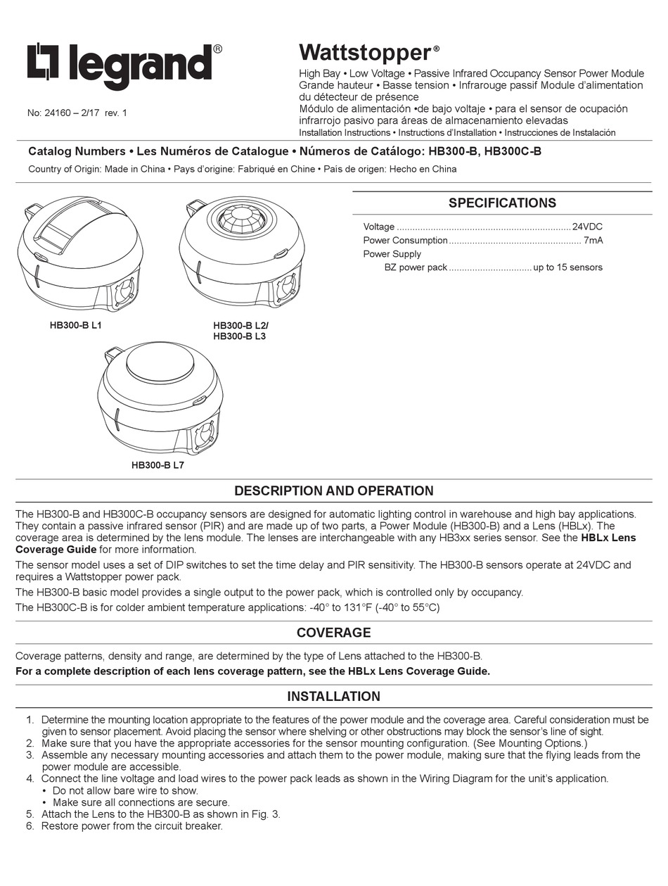 LEGRAND WATTSTOPPER HB300-B INSTALLATION INSTRUCTIONS MANUAL Pdf