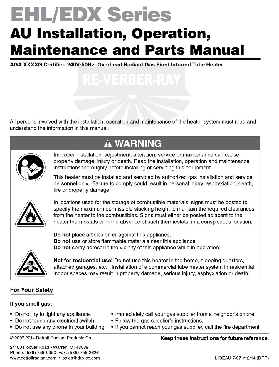 DETROIT RADIANT PRODUCTS EDX SERIES HEATER INSTALLATION, OPERATION, MAINTENANCE AND PARTS MANUAL