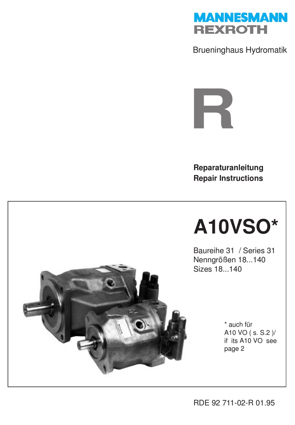 MANNESMANN REXROTH A10VSO SERIES WATER PUMP REPAIR INSTRUCTIONS