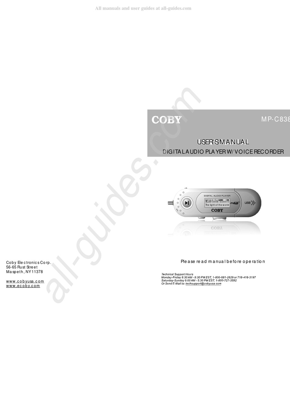 COBY MPC838 MP3 PLAYER USER MANUAL ManualsLib