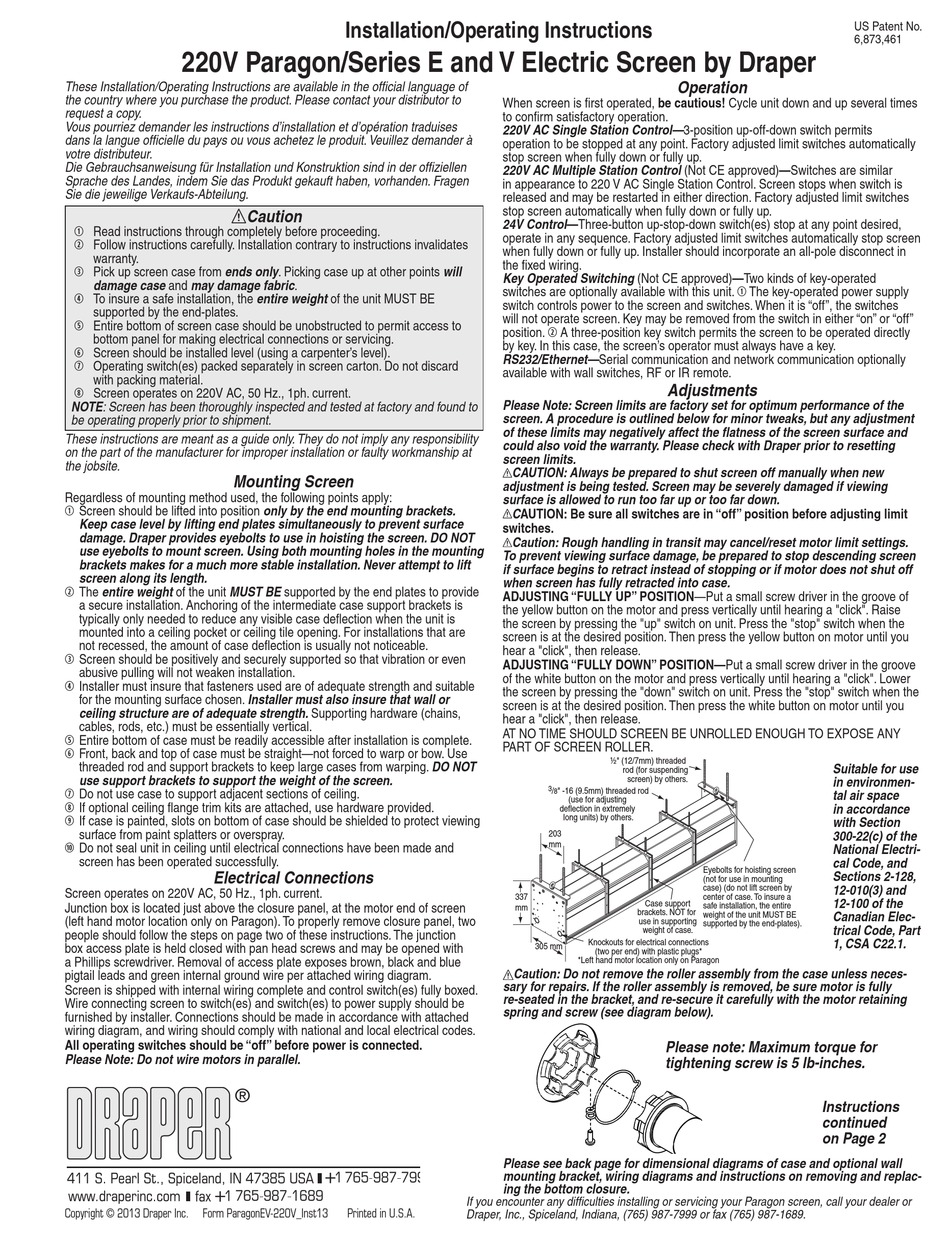 DRAPER PARAGON V SERIES PROJECTION SCREEN INSTALLATION & OPERATING