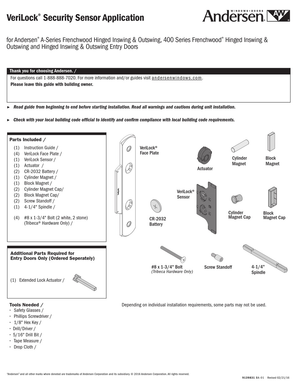 ANDERSEN VERILOCK SECURITY SENSOR MANUAL | ManualsLib