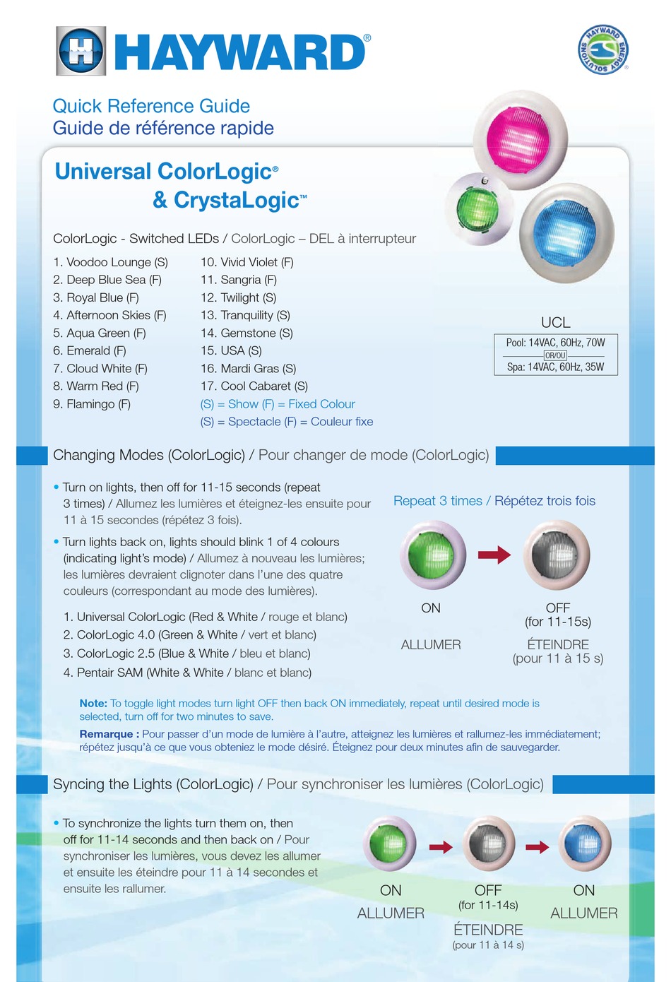 HAYWARD UNIVERSAL COLORLOGIC UNDERWATER LIGHTING QUICK REFERENCE MANUAL