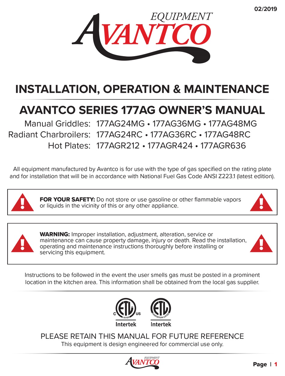 AVANTCO 177AG SERIES INSTALLATION OPERATION & MAINTENANCE Pdf Download