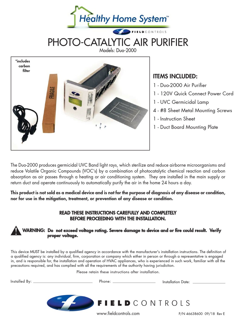 FIELD CONTROLS HEALTHY HOME SYSTEM DUO2000 AIR CLEANER MANUAL ManualsLib