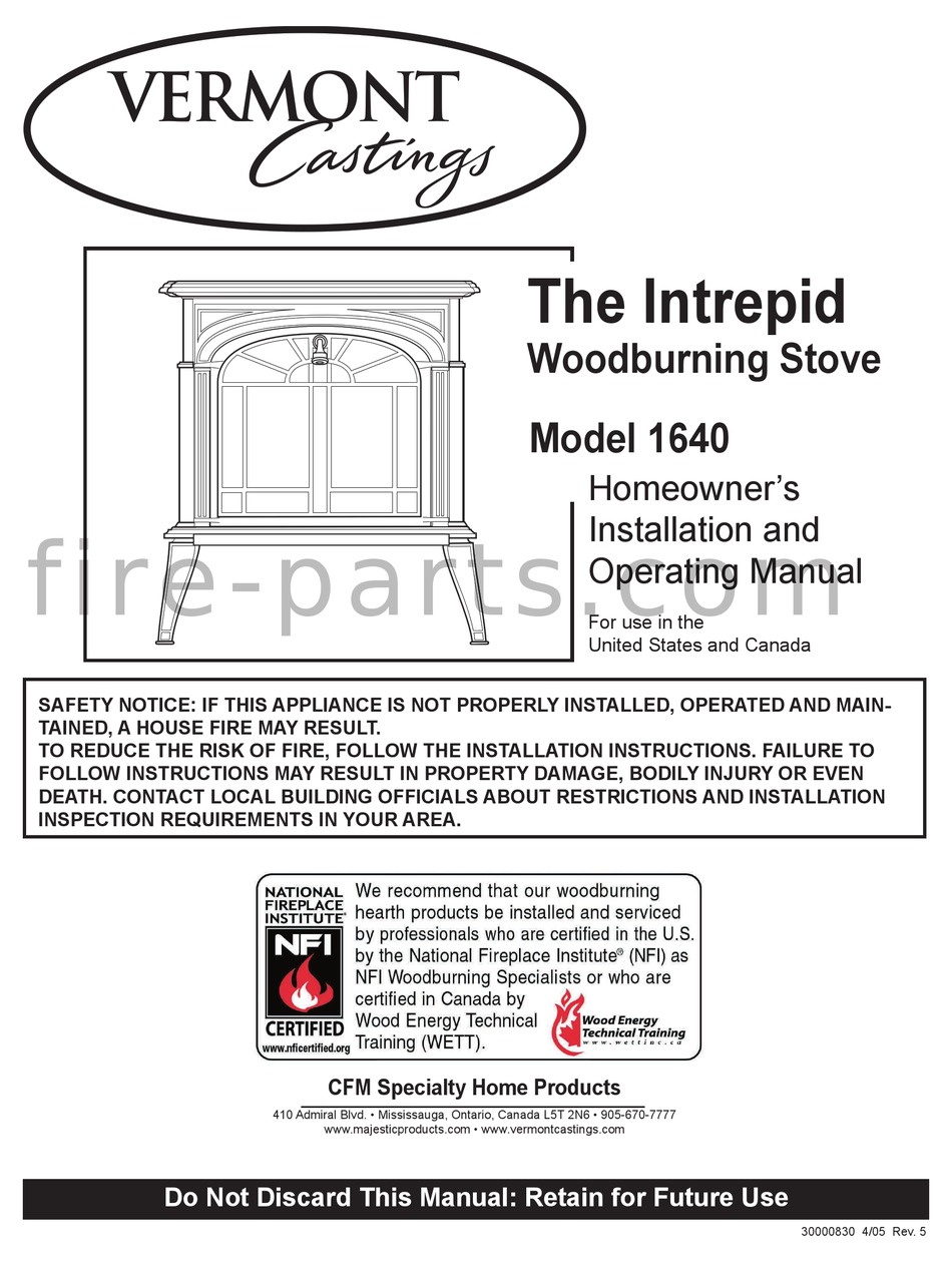 VERMONT CASTINGS INTREPID 1640 WOOD STOVE OWNERS INSTALLATION AND OPERATING  MANUAL | ManualsLib