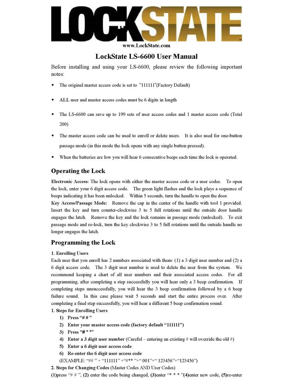 LOCKSTATE LS6600 LOCK USER MANUAL ManualsLib