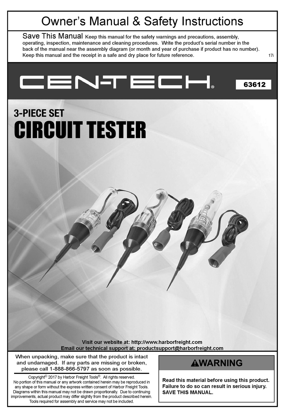 CENTECH 3PIECE SET CIRCUIT TESTER OWNER'S MANUAL & SAFETY