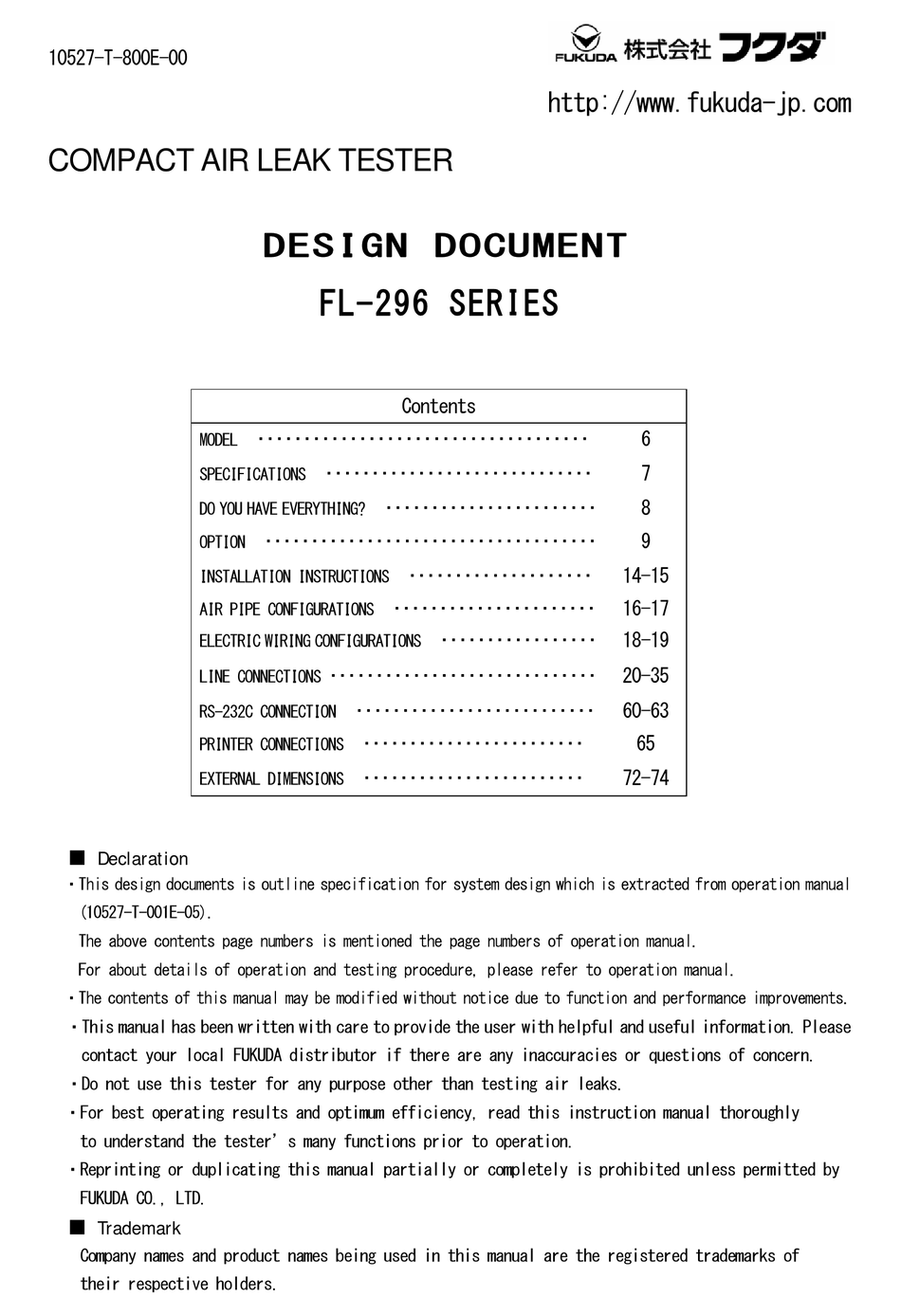 FUKUDA FL296 SERIES INSTALLATION INSTRUCTIONS MANUAL Pdf Download