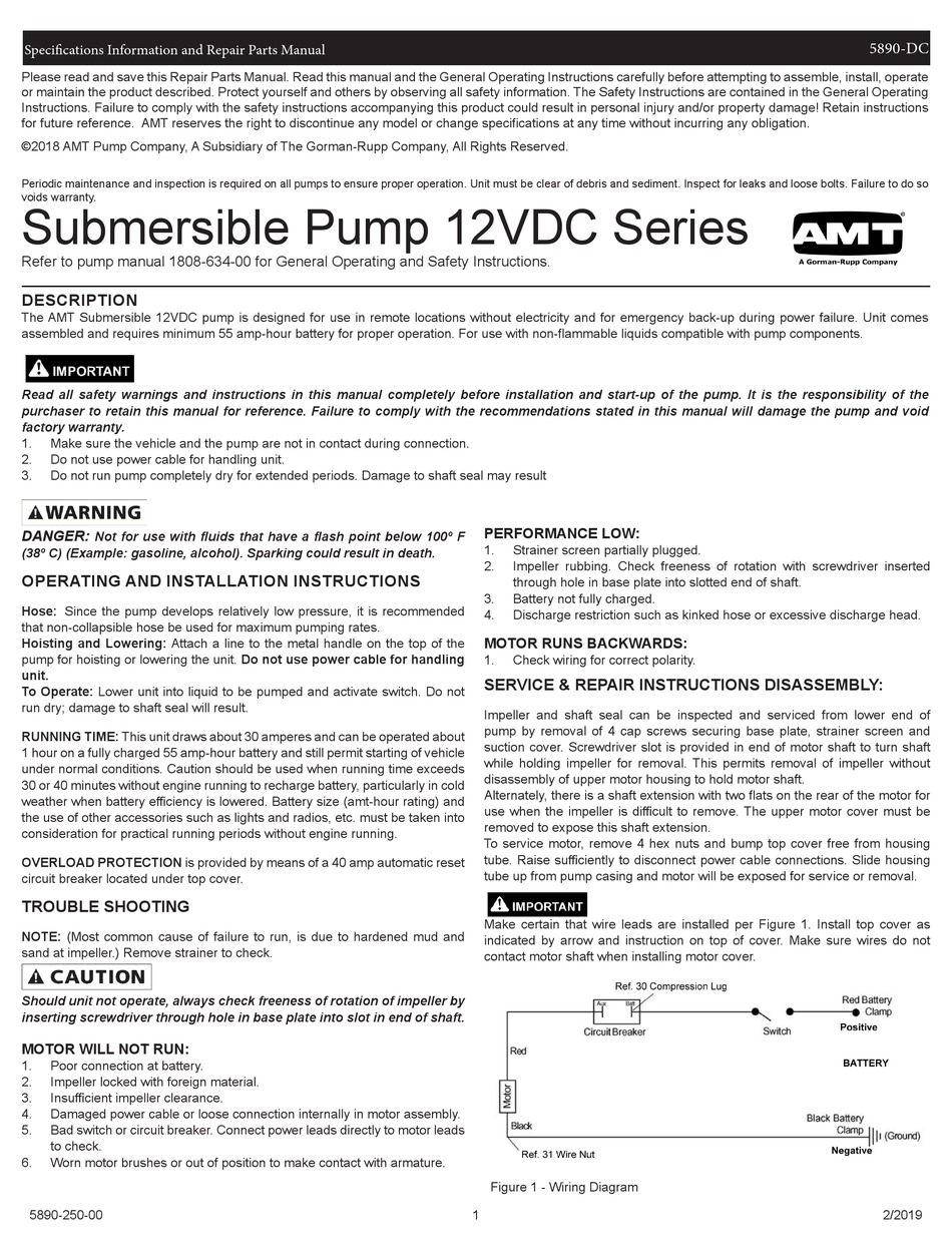 AMT SUBMERSIBLE PUMP 12VDC SERIES SPECIFICATIONS INFORMATION AND REPAIR