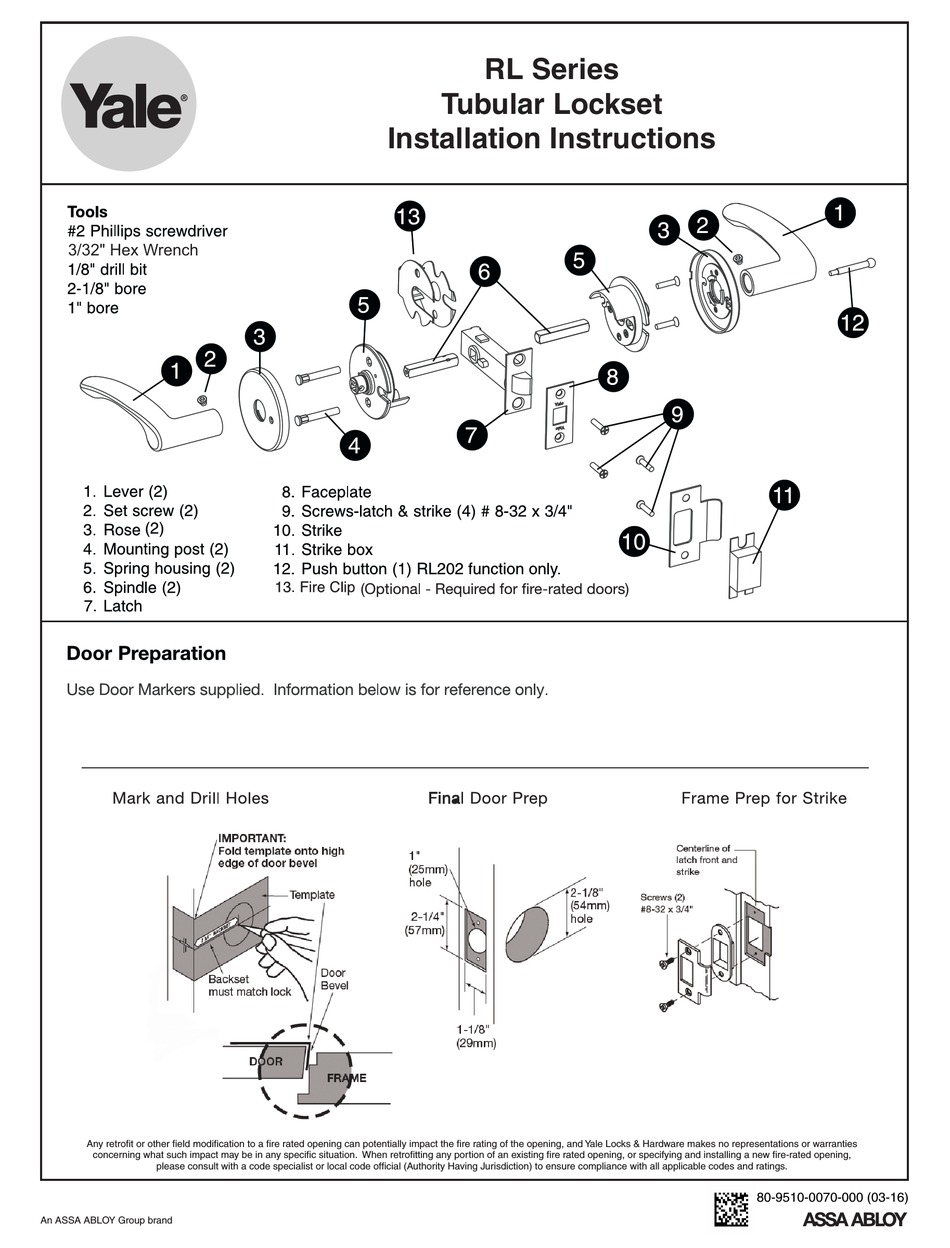YALE RL SERIES LOCK INSTALLATION INSTRUCTIONS ManualsLib