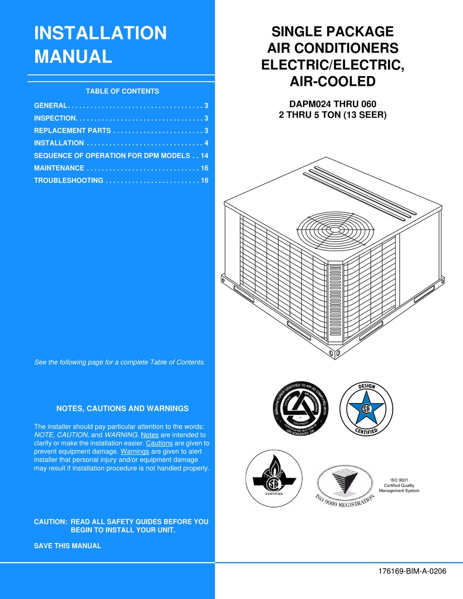 UNITARY PRODUCTS GROUP DAPM024 AIR CONDITIONER INSTALLATION MANUAL 