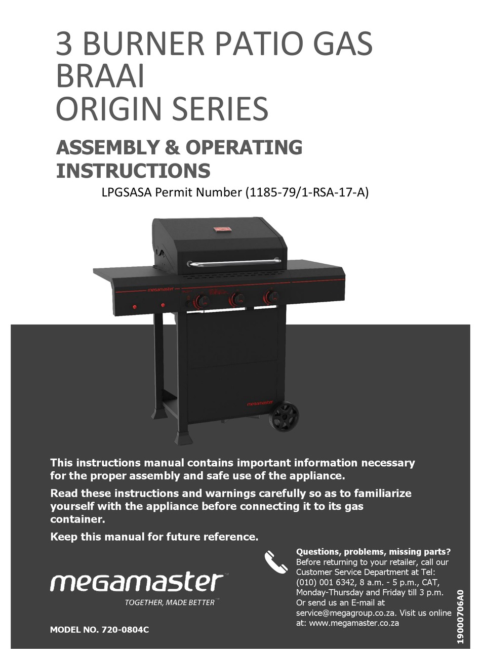 MEGAMASTER ORIGIN SERIES GRILL ASSEMBLY & OPERATING INSTRUCTIONS
