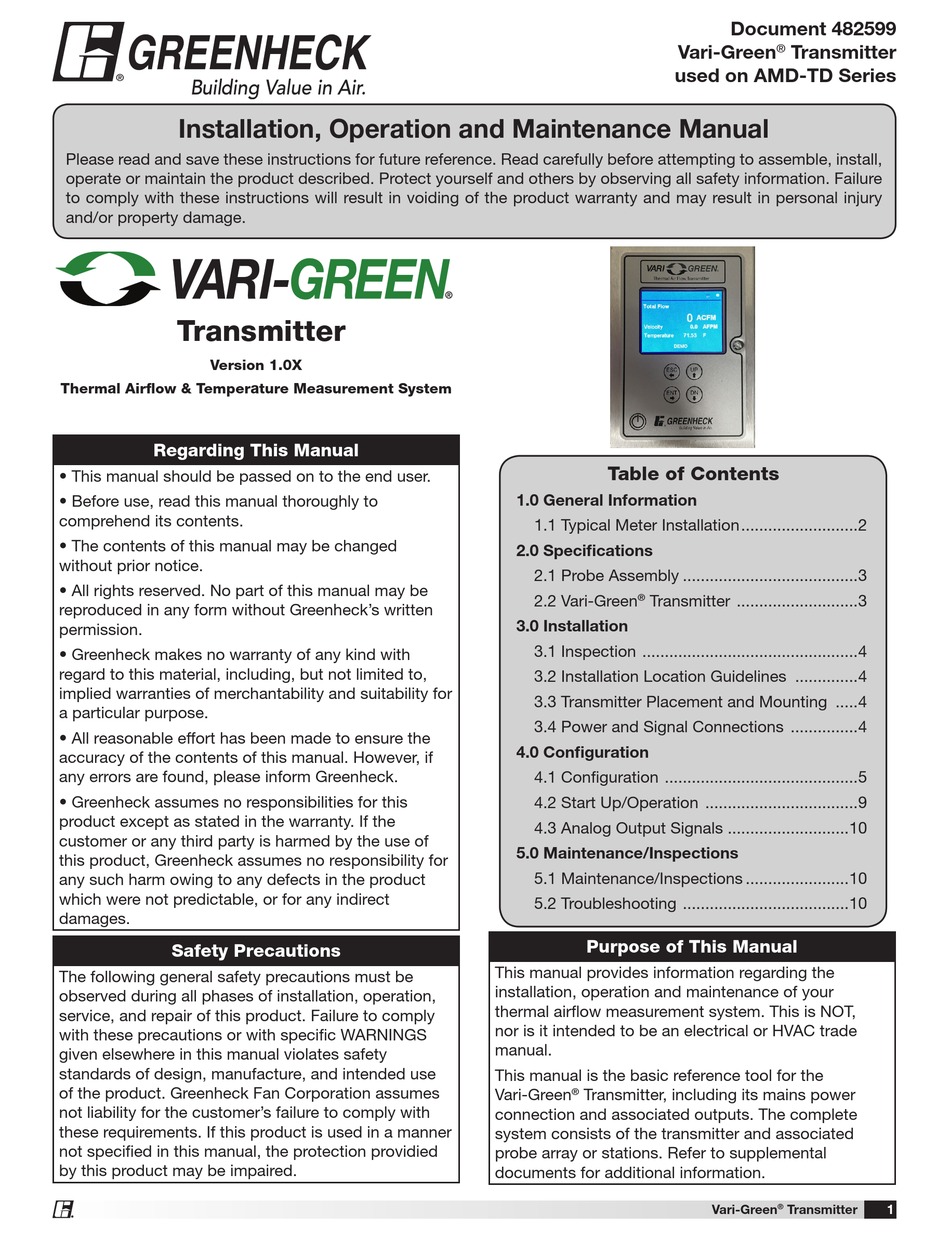 GREENHECK VARI-GREEN SERIES TRANSMITTER INSTALLATION, OPERATION AND ...